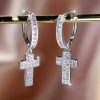 Elegant And Simple Style Copper Jewelry With A Shiny Zirconia Inlaid Pendant Earrings In A Silvery Cross Design, A Luxurious Gift For Women - Image 4