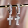 Elegant And Simple Style Copper Jewelry With A Shiny Zirconia Inlaid Pendant Earrings In A Silvery Cross Design, A Luxurious Gift For Women - Image 3