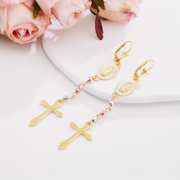 2pcs Creative Cross Pendant Tassel Alloy Earrings, Holiday Party Gift